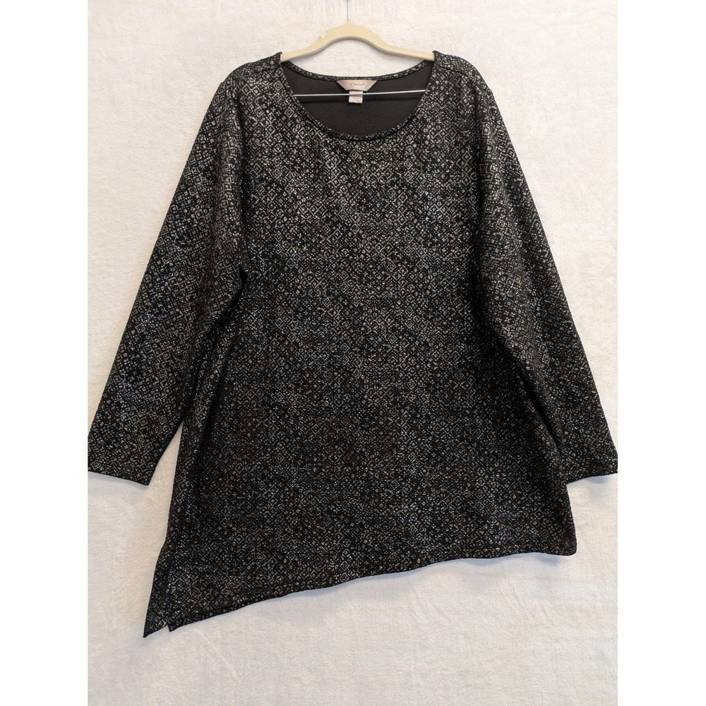 CJ Banks 2X Tunic Top Black Silver Metallic Asymmetrical Hem Long Sleeve